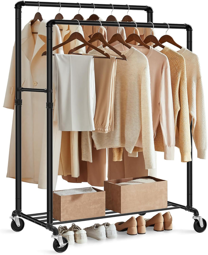 SONGMICS Heavy-Duty Clothes Rack, Double-Rod, Metal Frame on Wheels
