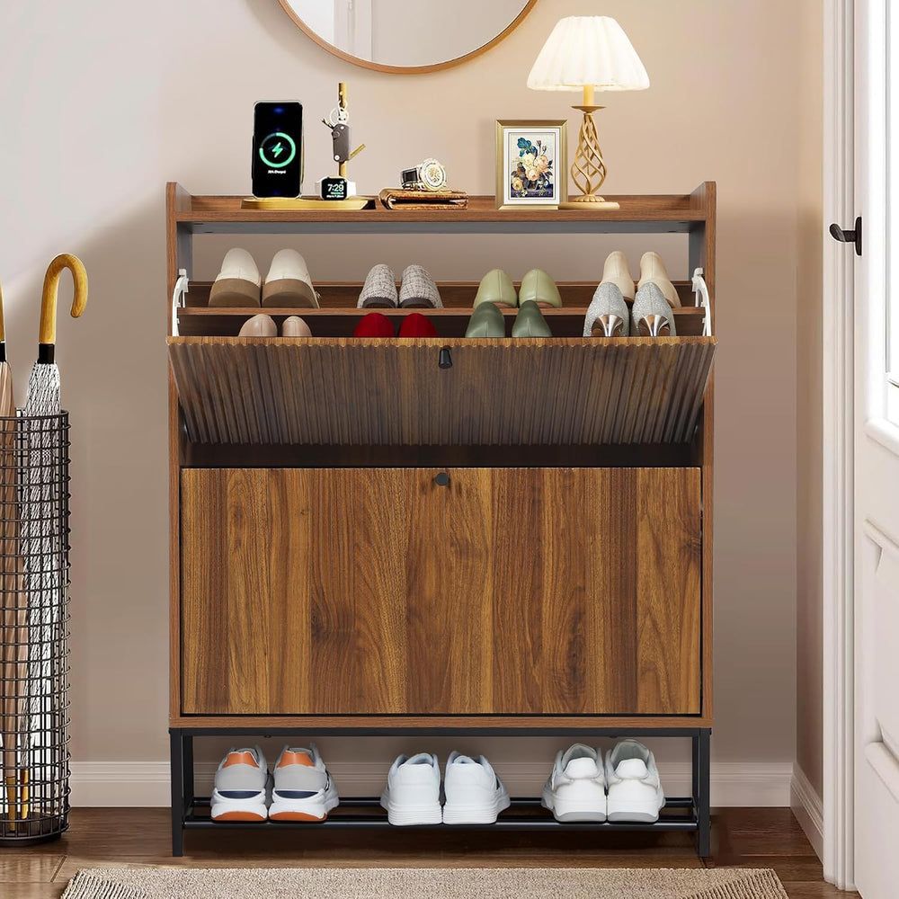 RARZOE Fluted Shoe Cabinet for Entryway with 2 Flip Drawers, Narrow Wood Shoe...