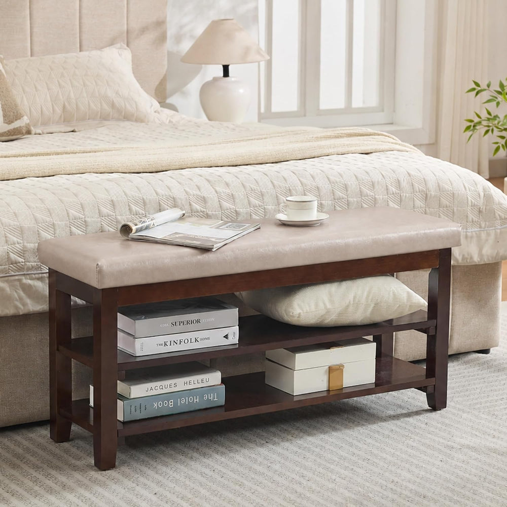 40" Solid Wood Shoe Storage Bench, 2 Tier Shoe Rack for Entryway, Grey