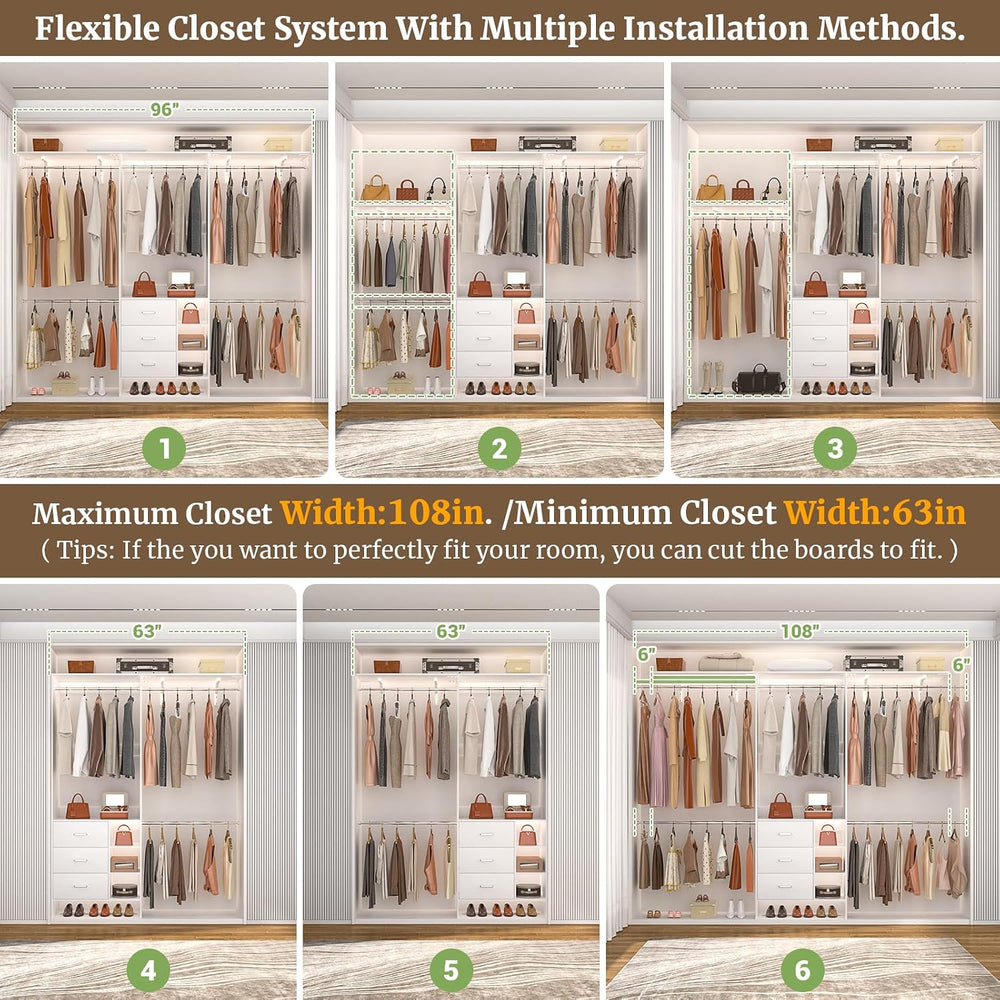 Aheaplus Closet System, Closet Organizer with 3 Wooden Drawers, 8FT Closet Or...