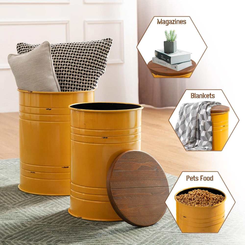 Glitzhome Rustic End Table Set of 2, Farmhouse Galvanized Metal Barrel Ottoma...