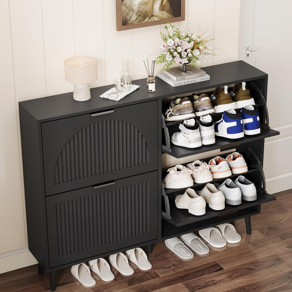 Shoe Storage Cabinet with 4 Flip Drawers, Narrow Wood Shoe Organizer Cabinet ...