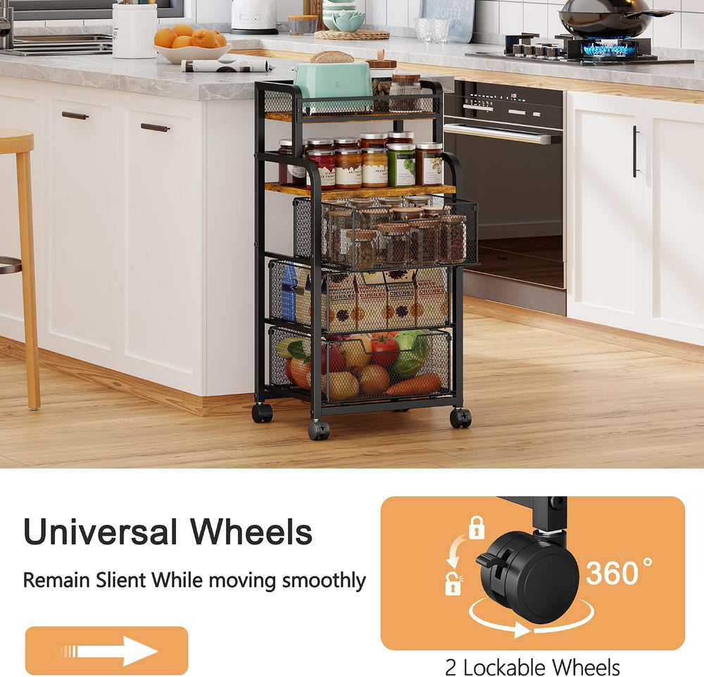 Yociyoga Fruit Vegetable Storage Cart, Kitchen Rolling Cart with Wheels, 4 Ti...