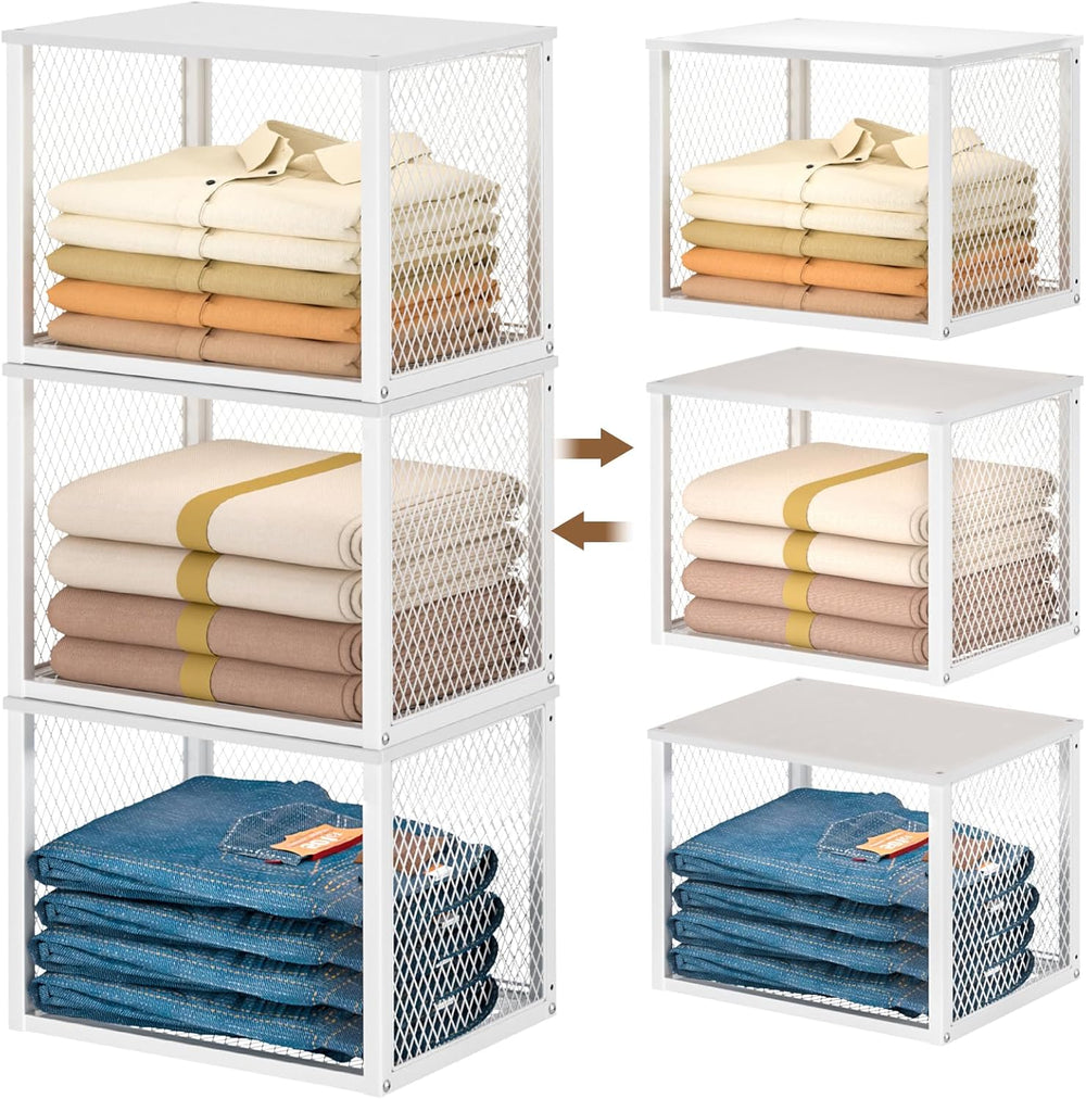 3 Pack Stackable Closet Organizers and Storage Basket, Closet Shelves with Wo...