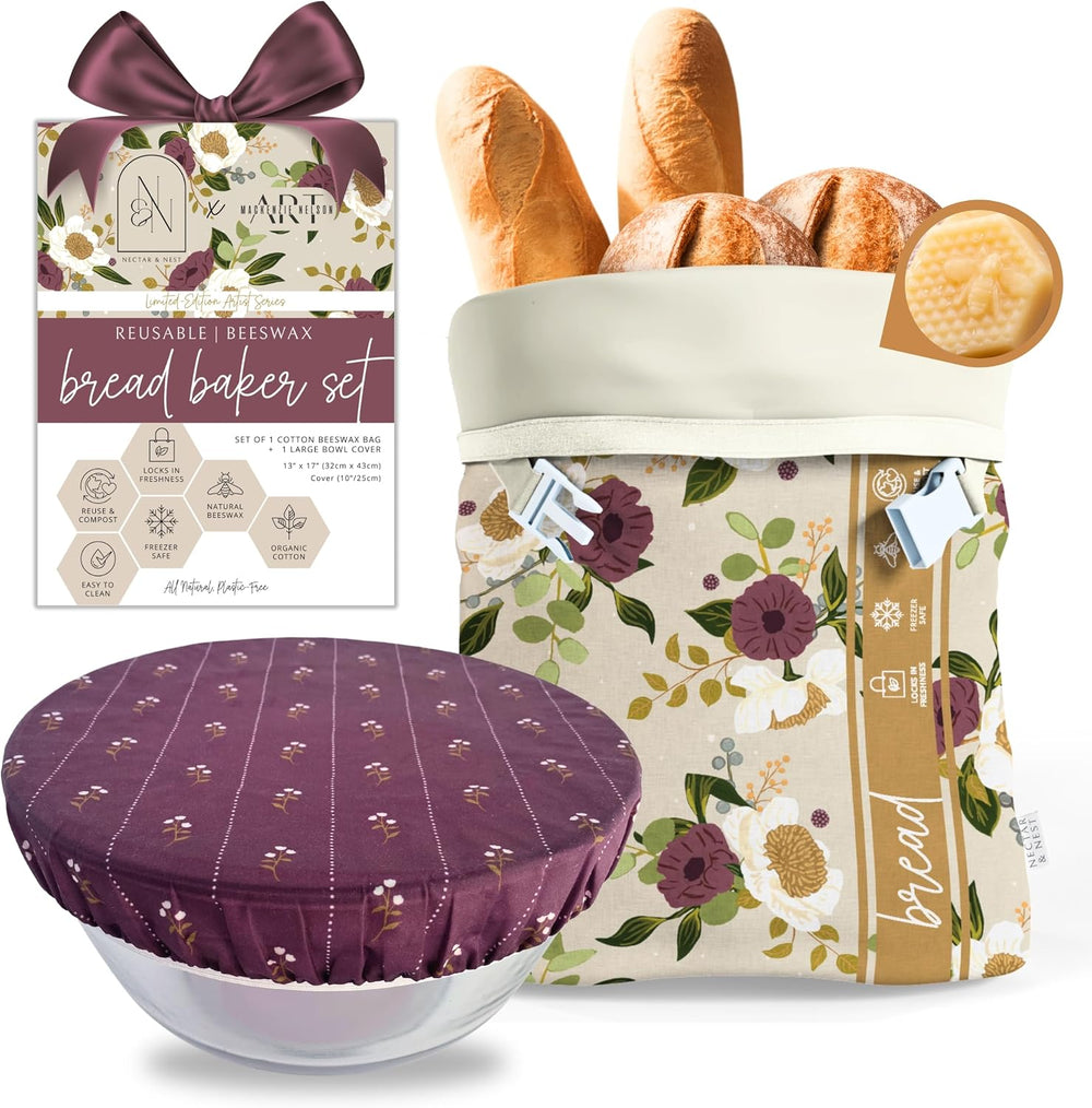 Nectar & Nest Beeswax Bread Bags for Sourdough & Bowl Cover Baker Set