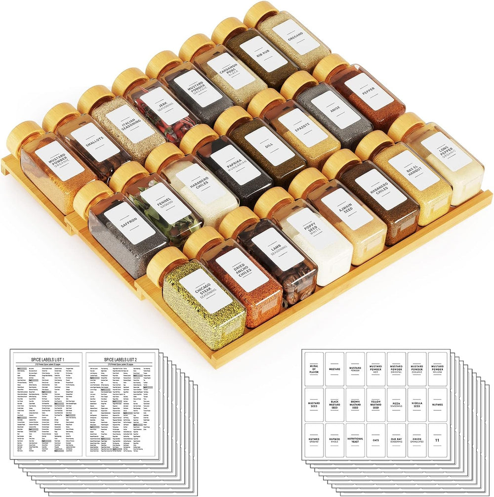 SpaceAid Bamboo Spice Drawer Organizer with 24 Spice Jars, 378 White Minimali...