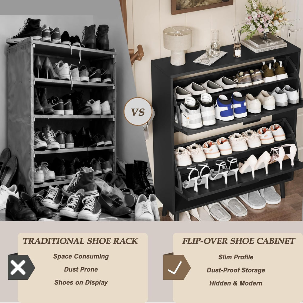 Shoe Storage Cabinet with 2 Flip Drawers, Narrow Wood Shoe Organizer Cabinet ...