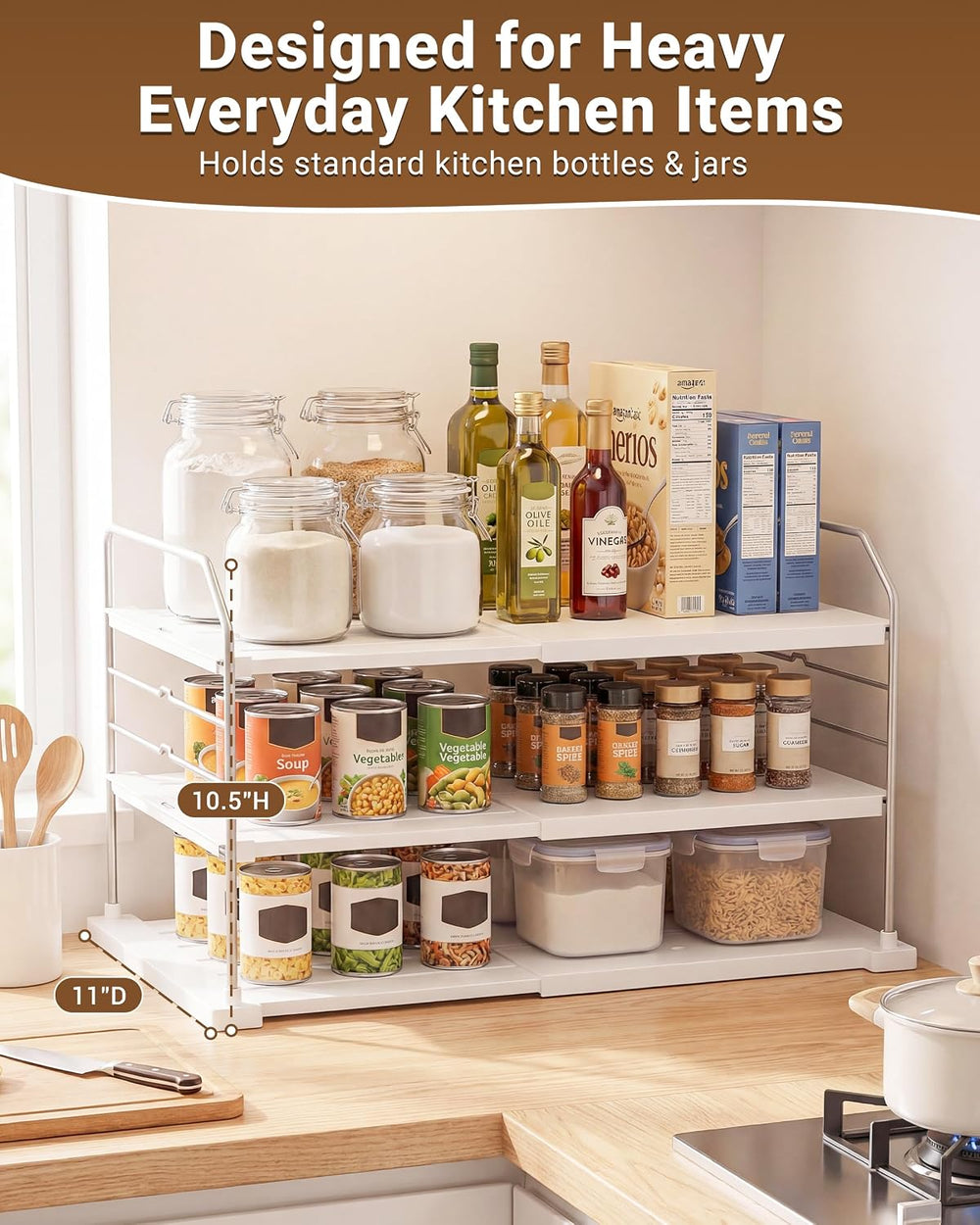 EVERIE Extendable 3-Tier Kitchen Cabinet & Pantry Organizer for Plastic W...