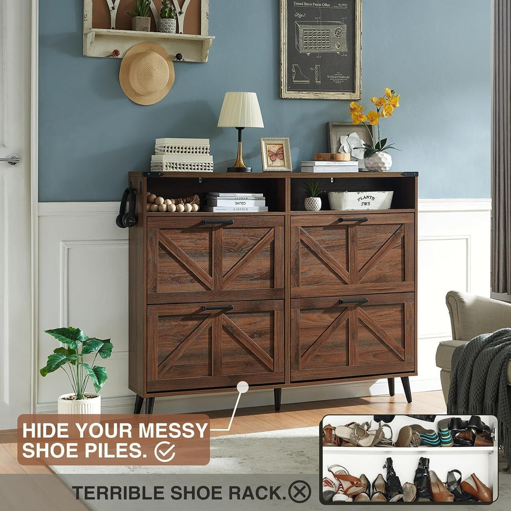 Barnyatoh Farmhouse Shoe Storage Cabinet with 4 Flip Drawers & Open Storage