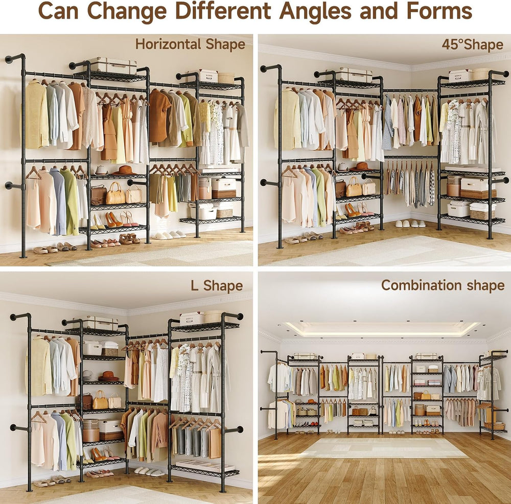 H4 Wall Mounted Closet System, Expandable Industrial Pipe Clothing Rack