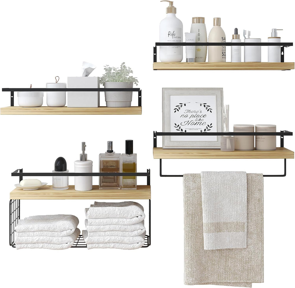 Wood Floating Shelves Wall Mounted - 4+1 Tier Rustic Bathroom Wall Shelves Ov...