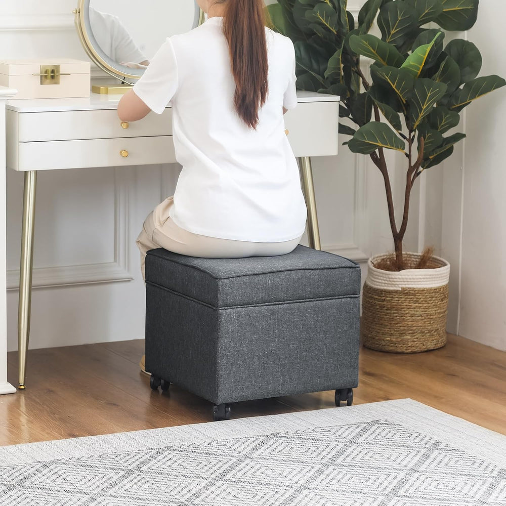 Adeco 17.5" Square Fabric Ottoman with Storage, Upholstered Cotton Linen...