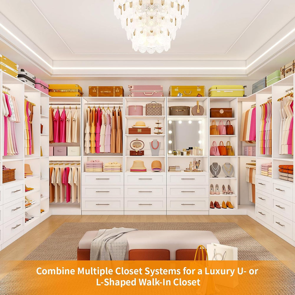 Closet System with 9 Wood Drawers, Corner Closet System with LED Mirror, Walk...