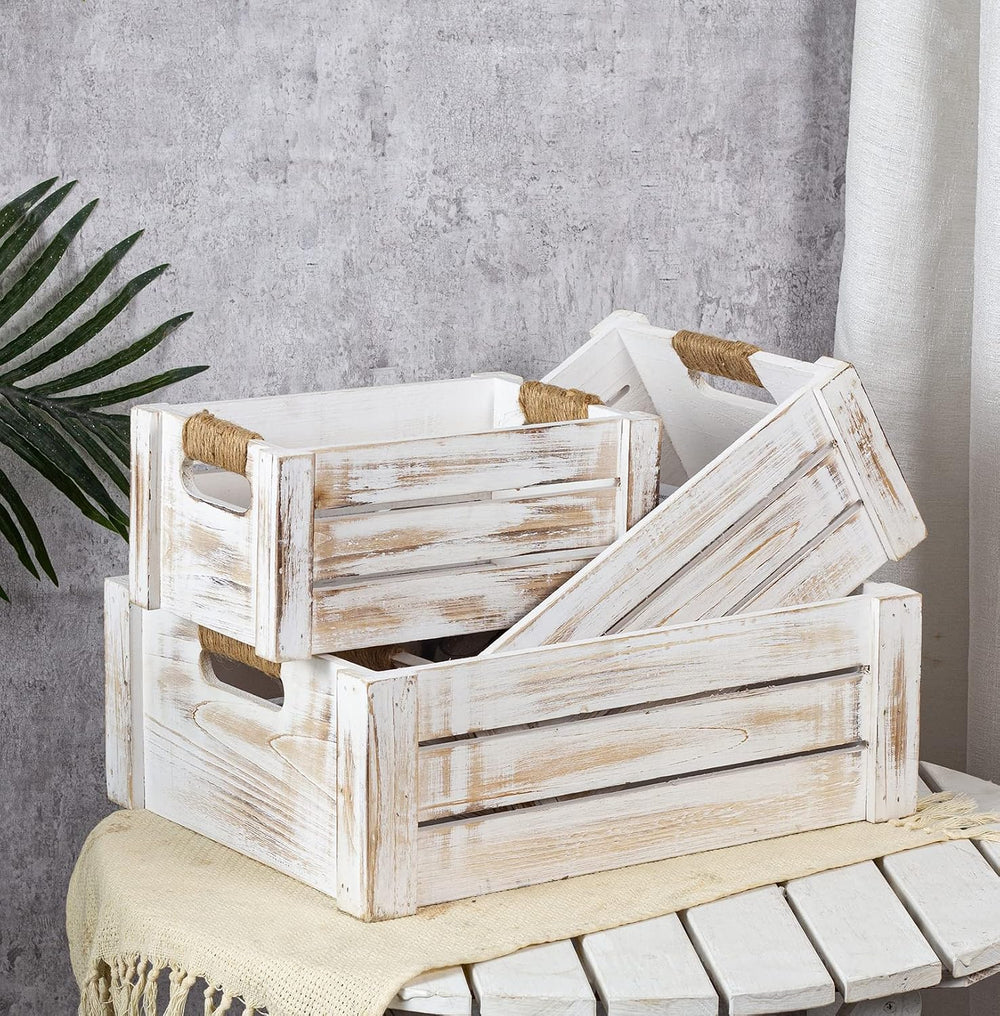 TIMRIS Set of 3 Rustic Wood Nesting Crates, Farmhouse Wooden Storage Containe...