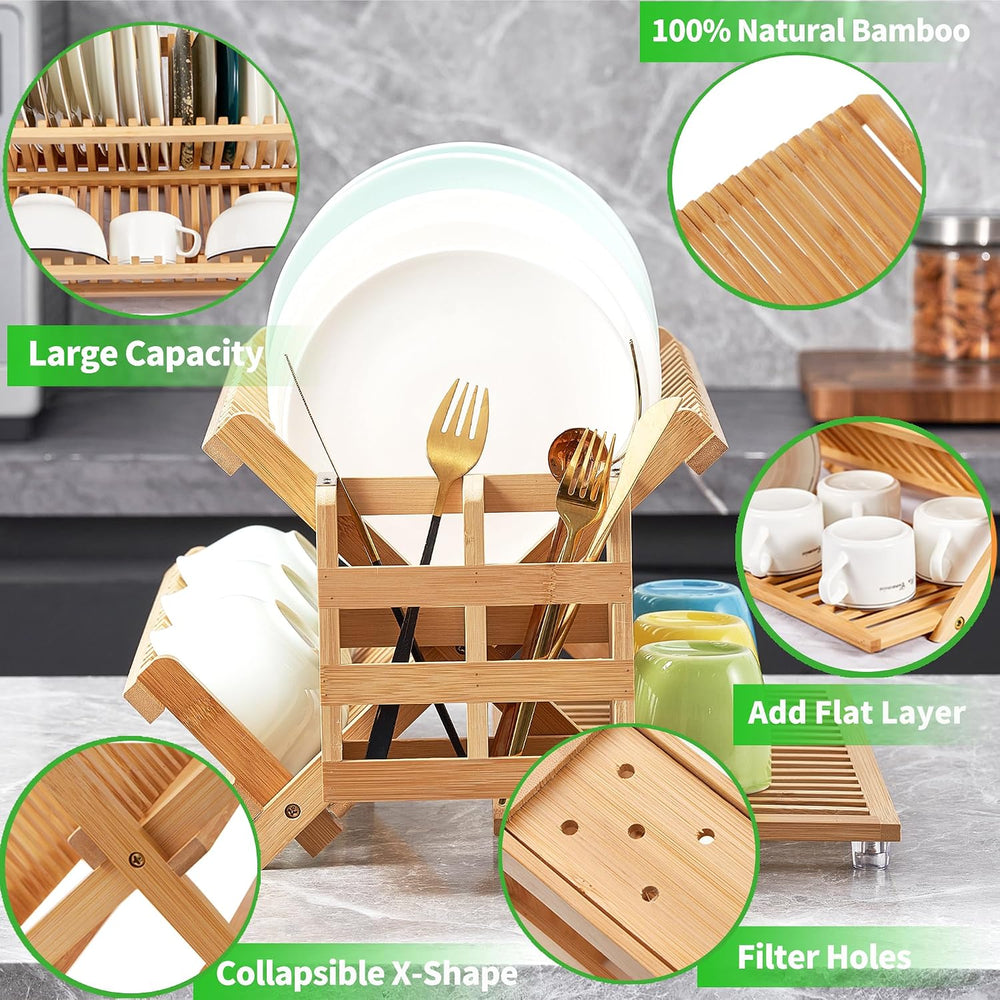 NOVAYEAH Bamboo Wooden Dish Rack, Wooden Dish Drying Drainer Rack