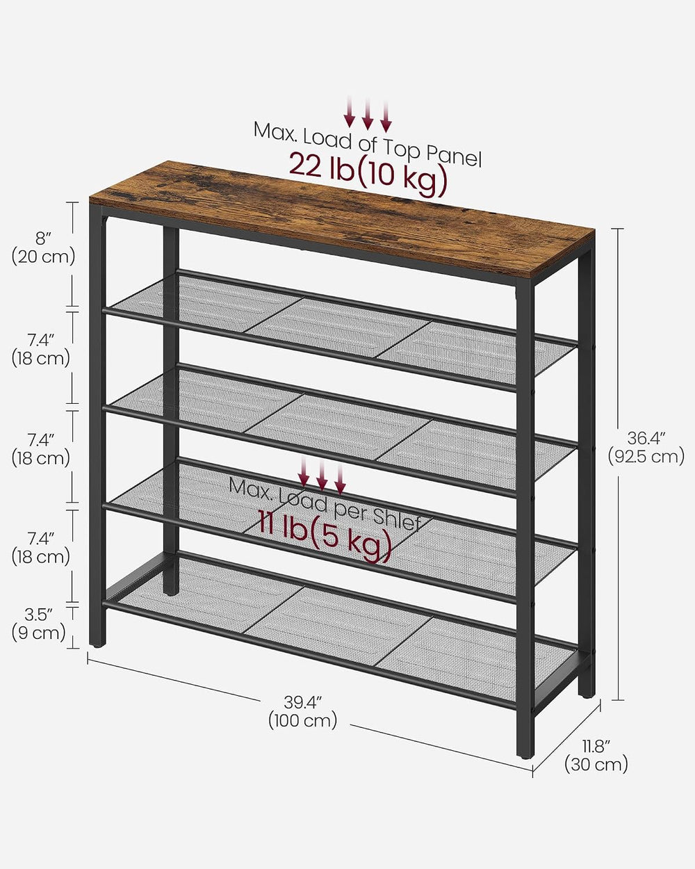 VASAGLE 5-Tier Shoe Rack, 16-20 Pairs, Metal Mesh