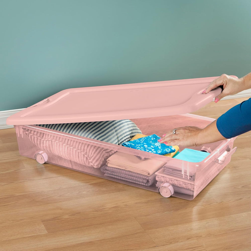 Sterilite 12 Pack Wheeled Under Bed Storage Container, 56 Qt Plastic Bin w/La...