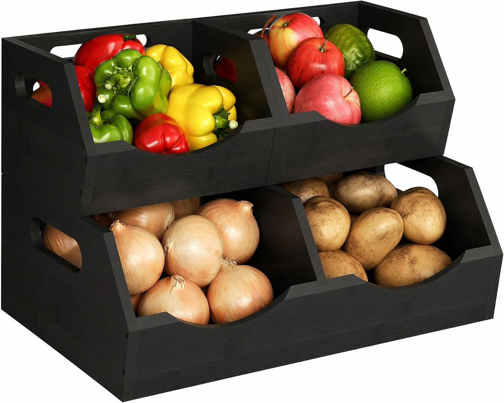 Potato and Onion Storage Bin, 2 Tier Bamboo Kitchen Storage Rack, Stackable V...