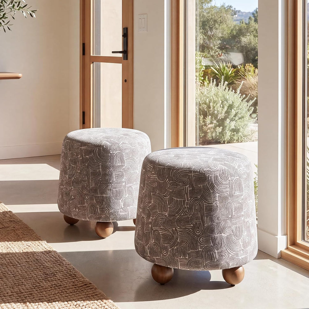 Hyfirm Round Ottoman for Living Room Boho Foot Stool with Rubberwood Legs