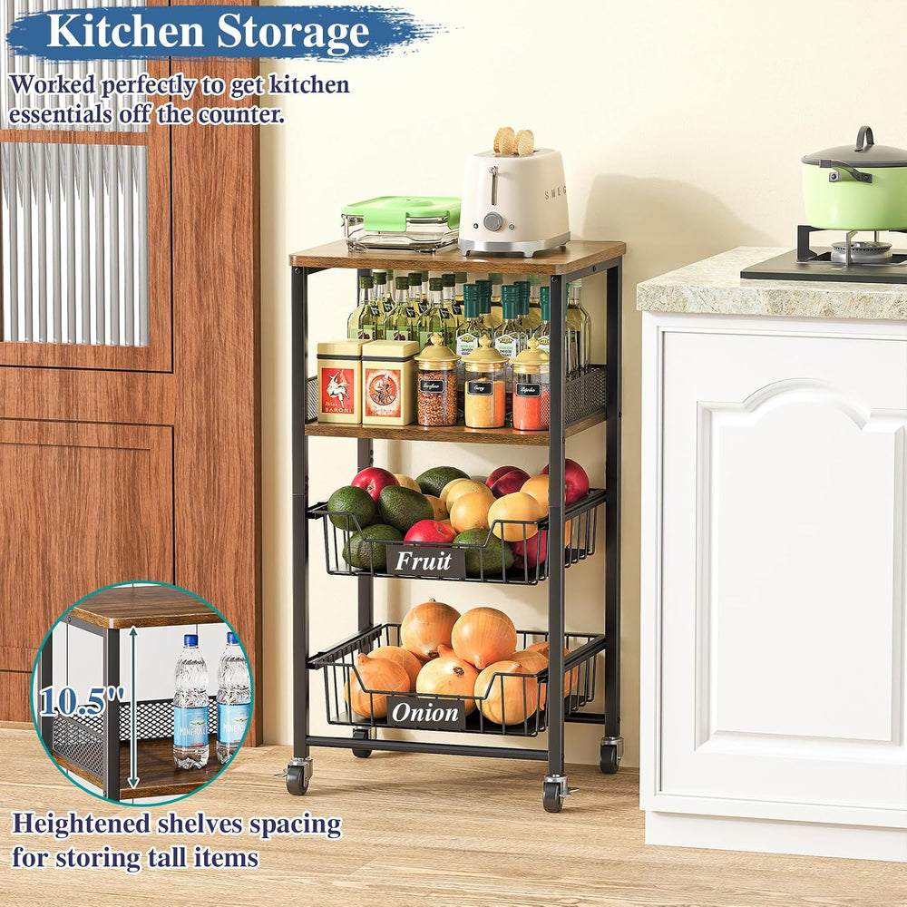OKZEST 4-Tier Rolling Storage Cart with Upgraded Drawer Basket & Wood Shelf