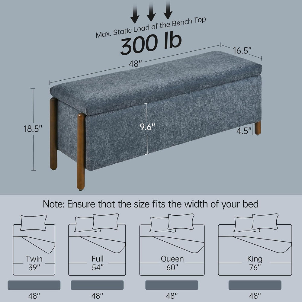 Usaint 47" Fabric Upholstered End of Bed Storage Ottoman Bench, Blue