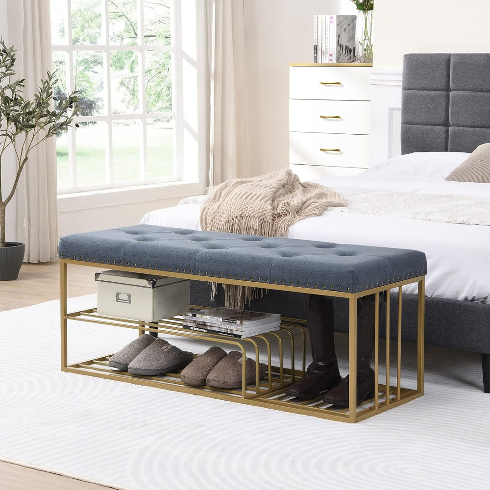 Upholstered Shoe Storage Bench-Nailhead Trim Linen Ottoman Bench with Shoes R...