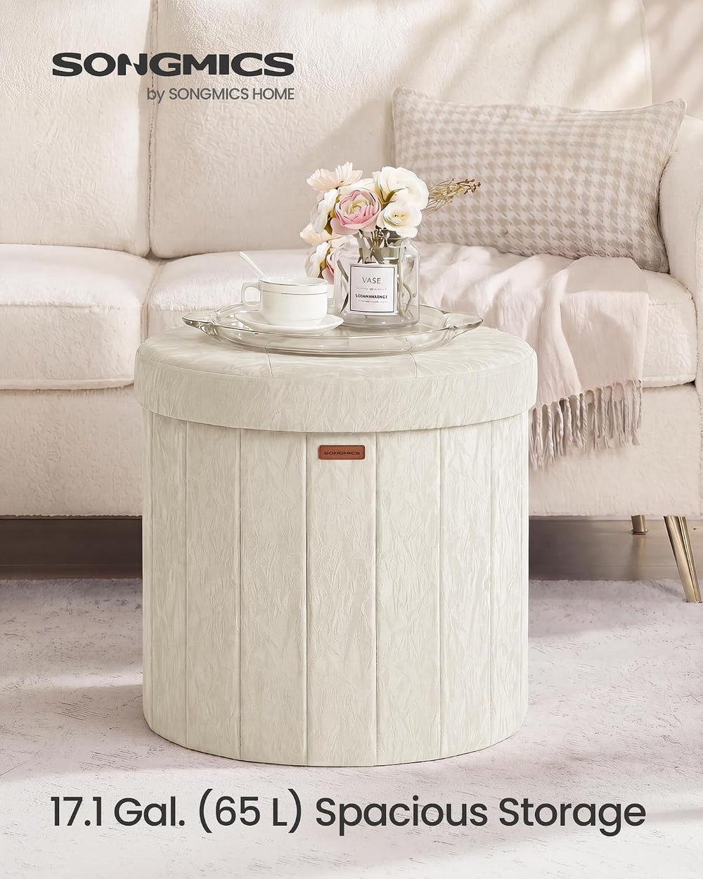 SONGMICS Storage Ottoman Round PU Vanity Stool, 18.5 x 18.5 x 17.7 Inch