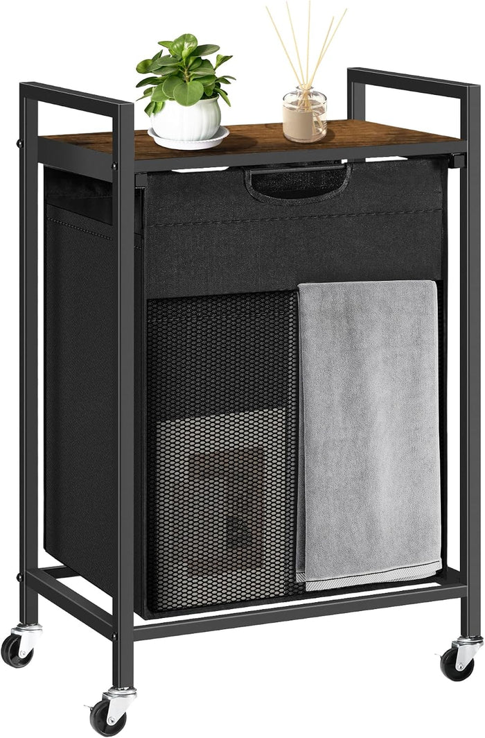 Laundry Basket, Laundry Hamper with 1 Pull-Out Removable Oxford Fabric Bag, 1 x 18.3 Gallons, Total 69L, Cloth Laundry Sorter with a Top Shelf 20"x13" (Black and Rust)