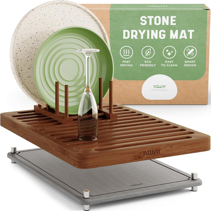 NIUM Stone Drying Mat for Kitchen Counter & Bamboo Rack - 16″x12″