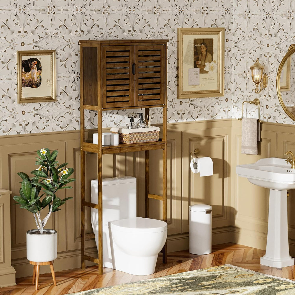 SMIBUY Bathroom Storage Shelf with Cabinet, Bamboo Over-The-Toilet Organizer ...