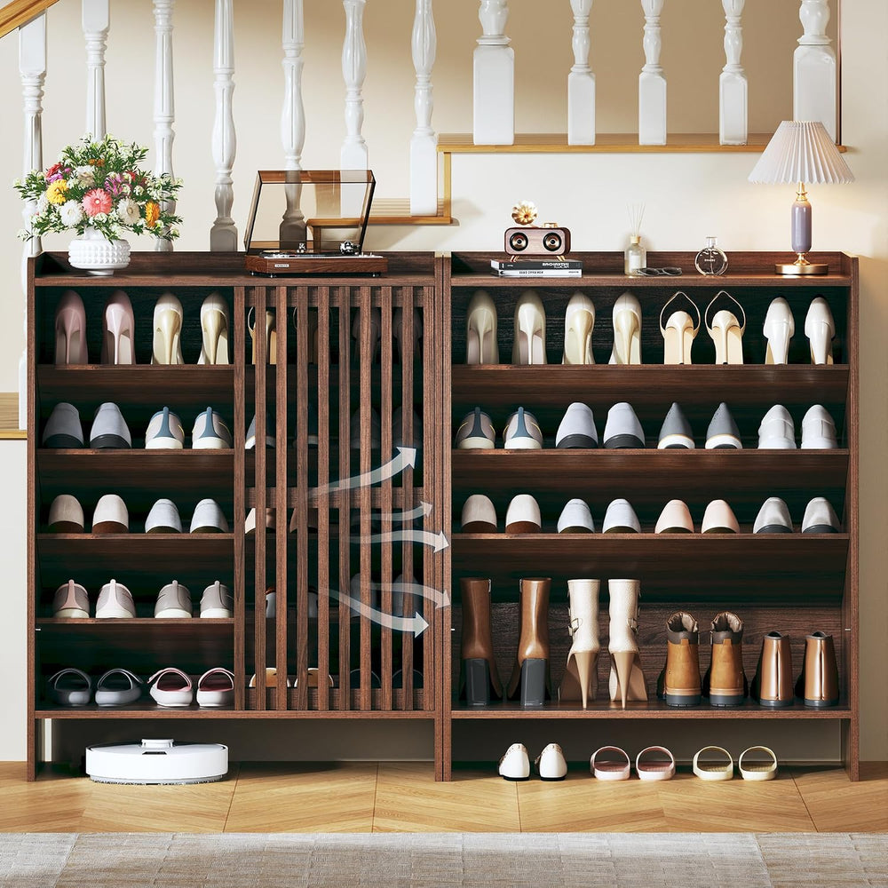 HUAHUU Shoe Cabinet with Sliding Slatted Doors, 5-Tier Shoe Storage Cabinet w...