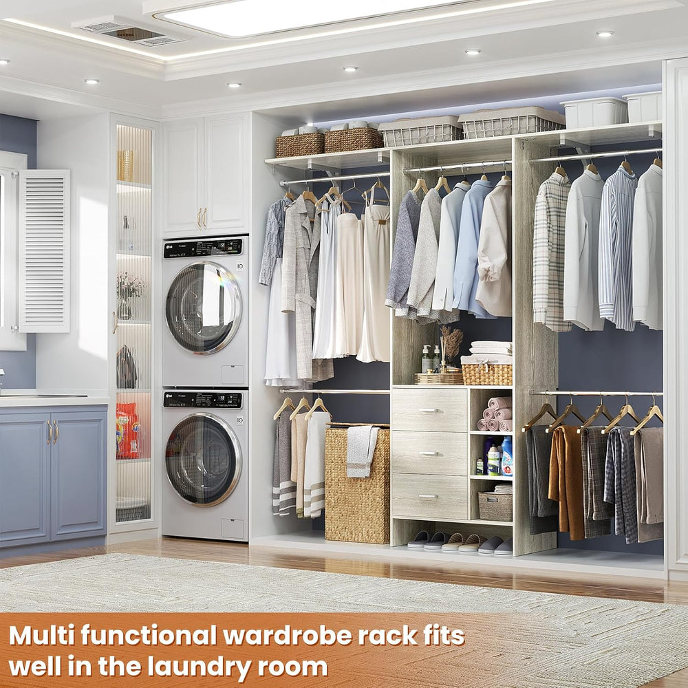 Aheaplus Closet System - 8FT Organizer with 3 Wooden Drawers, Fits 5.3-9 ft W...