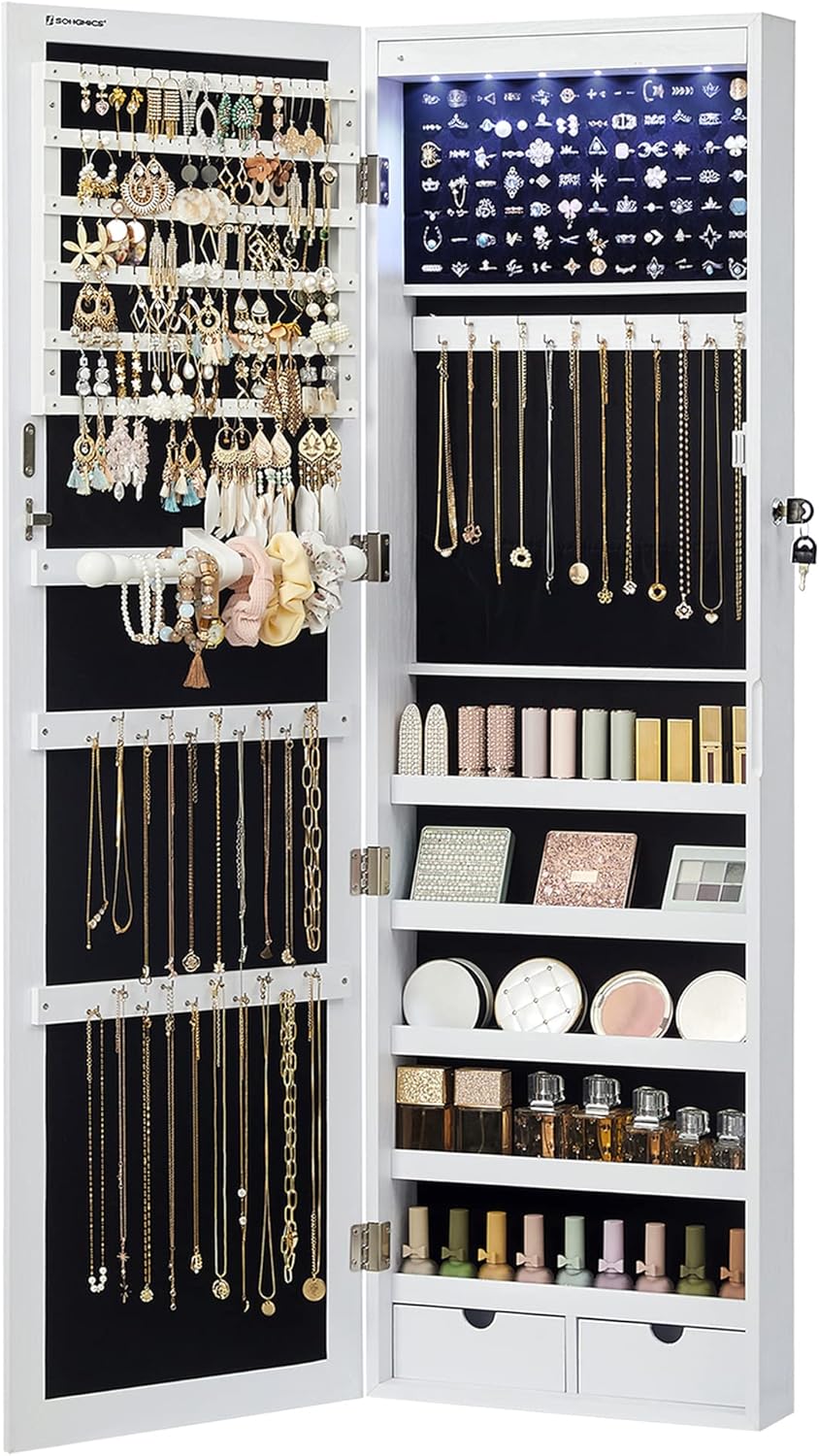 SONGMICS 6 LEDs Mirror Jewelry Cabinet, 47.2-Inch Tall Lockable Wall or Door ...