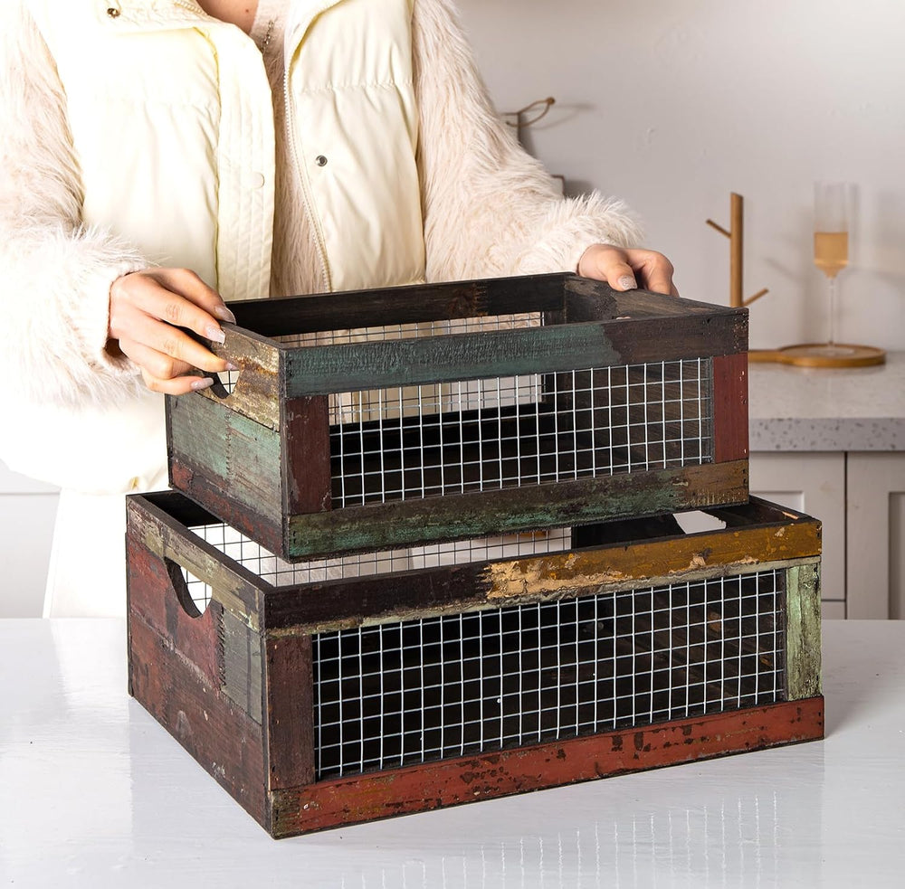 TIMRIS Set of 3 Rustic Wood Nesting Crates, Farmhouse Distressed Wooden Stora...