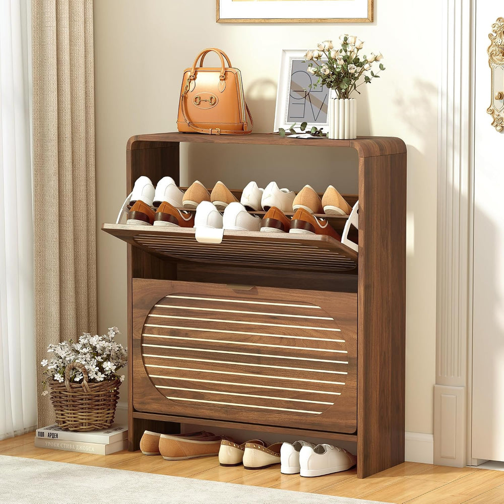 Narrow Shoe Storage Cabinet for Entryway with 2 Flip Drawers, Freestanding Wo...