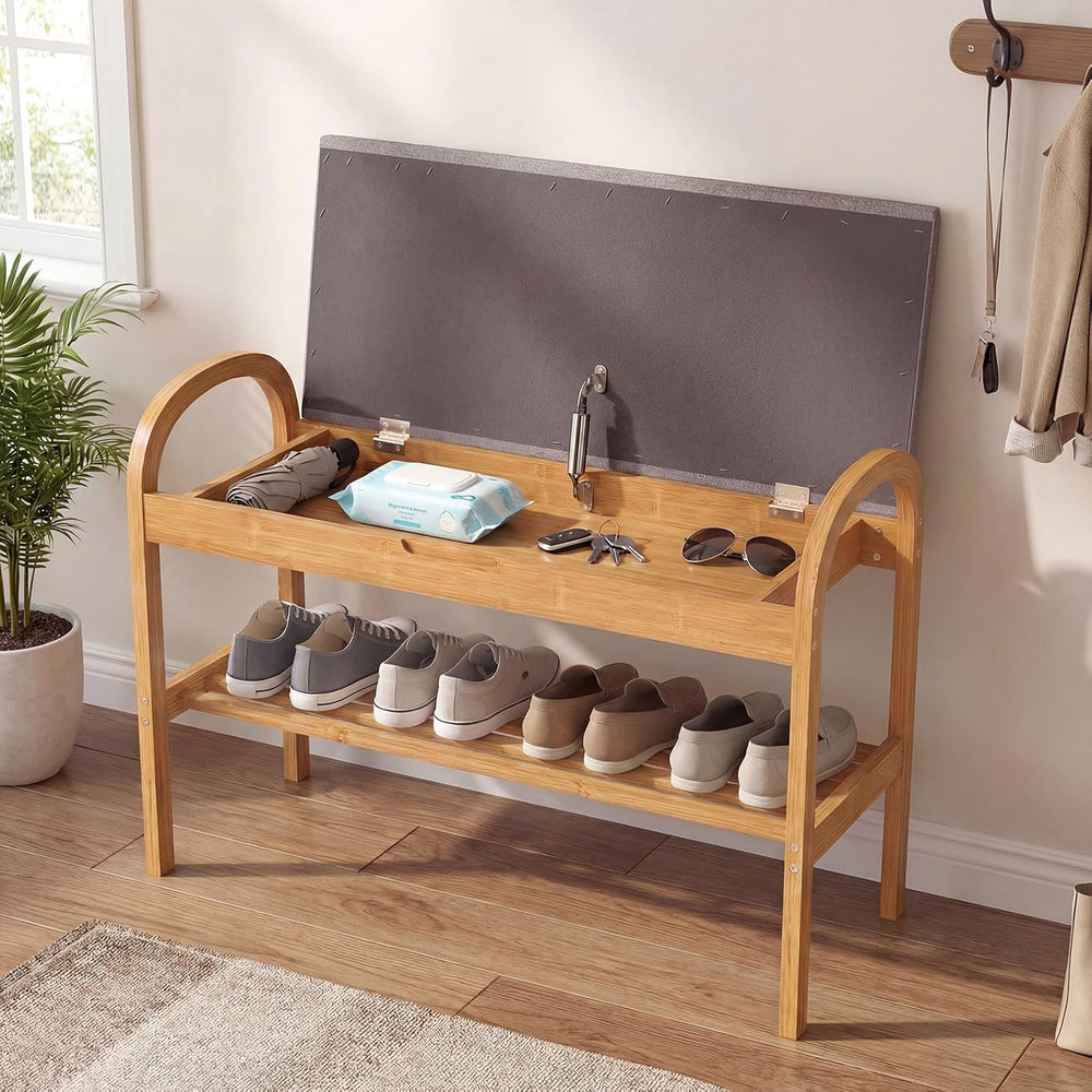 GOFLAME Bamboo Shoe Rack Bench with Storage, 2-Tier Entryway Bench with Flip ...