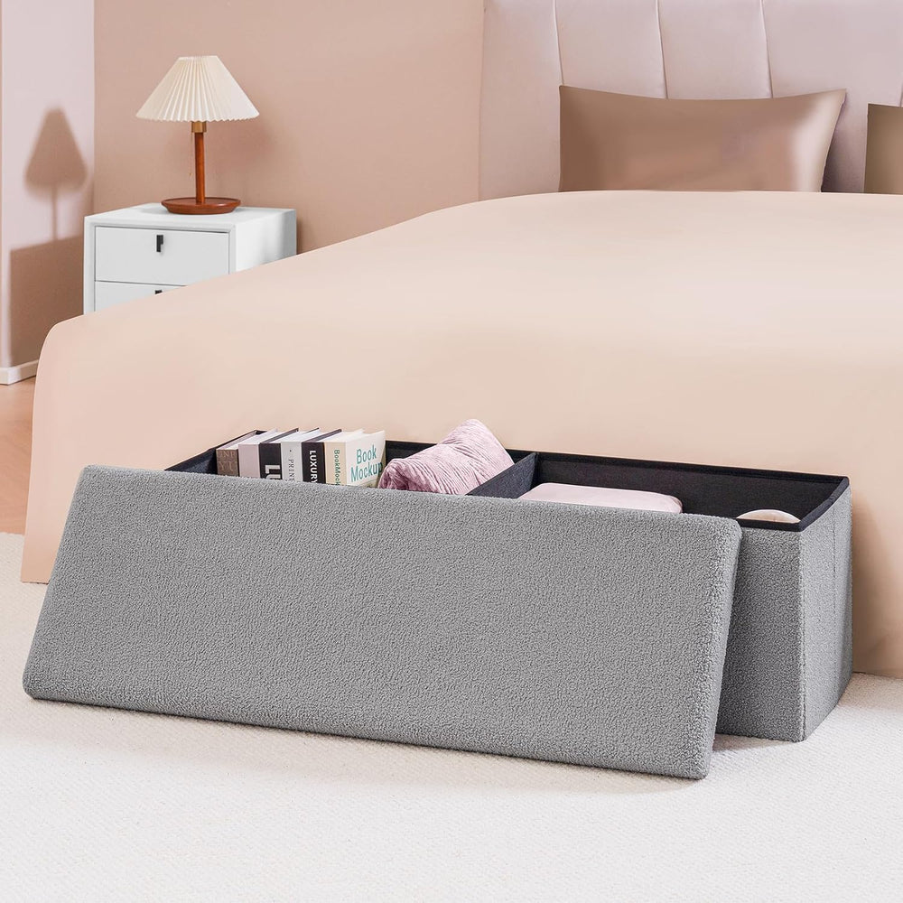 PINPLUS Storage Ottoman Bench Sherpa Foot Rest, Foldable Boucle Ottomans, Lar...