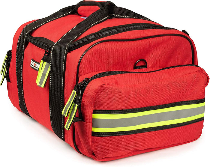 Scherber First Responder Fully-Stocked Large Professional Essentials EMT/EMS Trauma Kit | HSA/FSA Approved | Reflective Bag w/8 Zippered Pockets & Compartments & 250+ First Aid Supplies (Red)