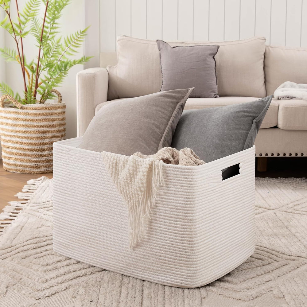OIAHOMY 118L XXXLarge Rope Storage Basket, Oversized Blanket Basket White