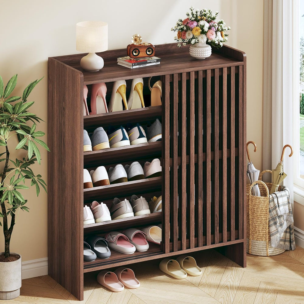 HUAHUU Shoe Cabinet with Sliding Slatted Doors, 5-Tier Shoe Storage Cabinet w...