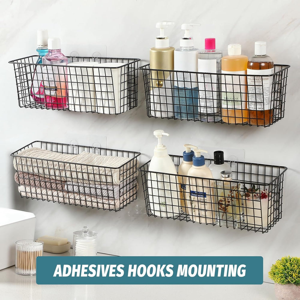 4 Set [EXTRA LARGE] Hanging Wall Mount Storage Baskets with Adhesive Hooks &a...