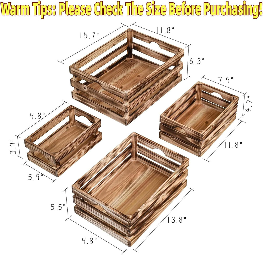 Set of 4 Large Torched Wood Decorative Storage Crates, Nesting Wooden Crates ...