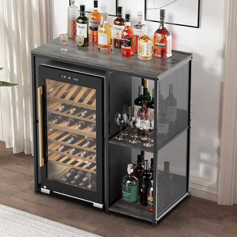 KirKical 3-Tier Slate Rustic Grey Coffee Bar Cabinet with Mini Fridge Space