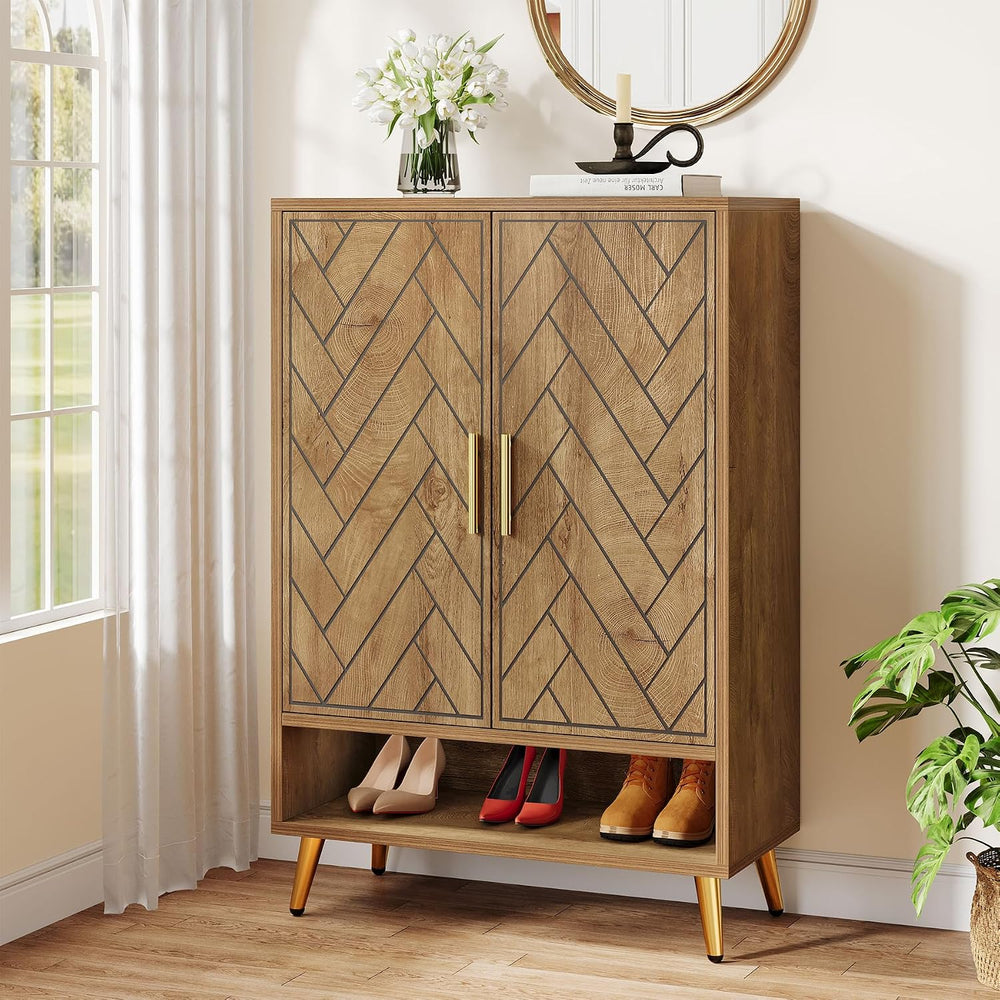 Tribesigns Entryway Shoe Cabinet with Doors (Natural Wood)