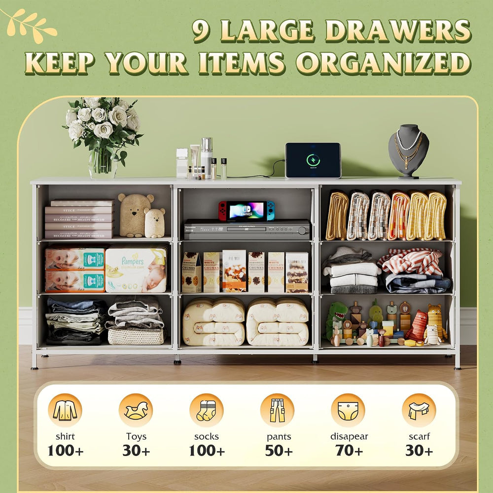 WLIVE Dresser TV Stand for 75 Inch TV, 9 Drawer Dresser for Bedroom, White