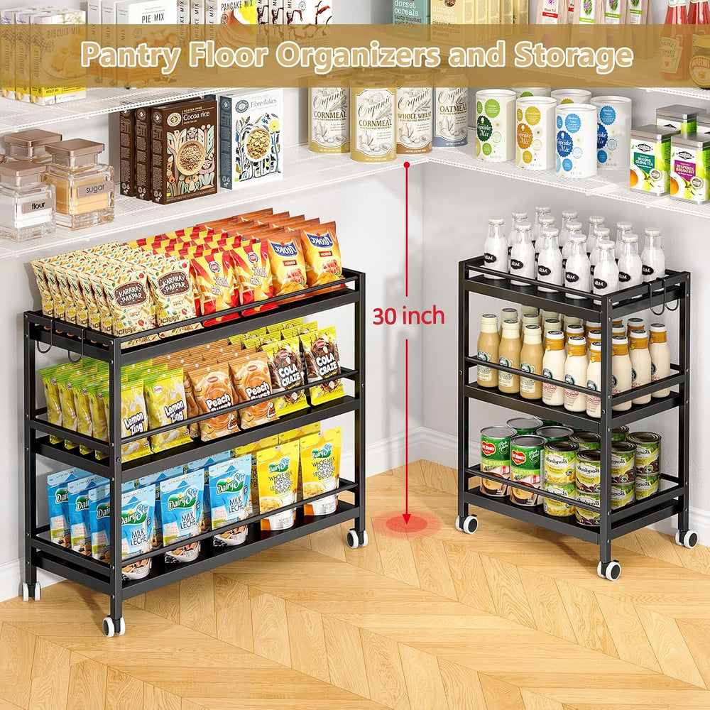 3-Tier Expandable Rolling Pantry Organizers and Storage Cart with Wheels, Adj...