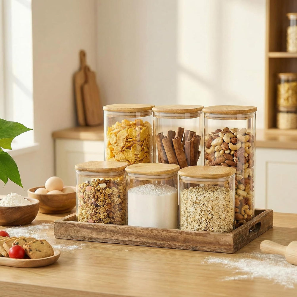 42 oz & 27 oz Square Glass Food Storage Containers with Bamboo Lids, 4 Pack