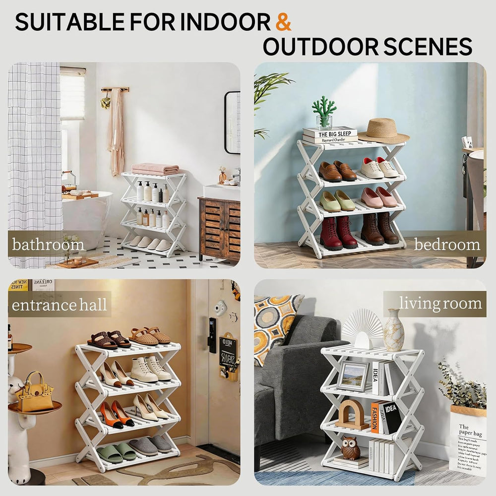 4 Tier Bamboo Shoe Rack White,Portable Folding Shoe Storage Rack,Without Inst...