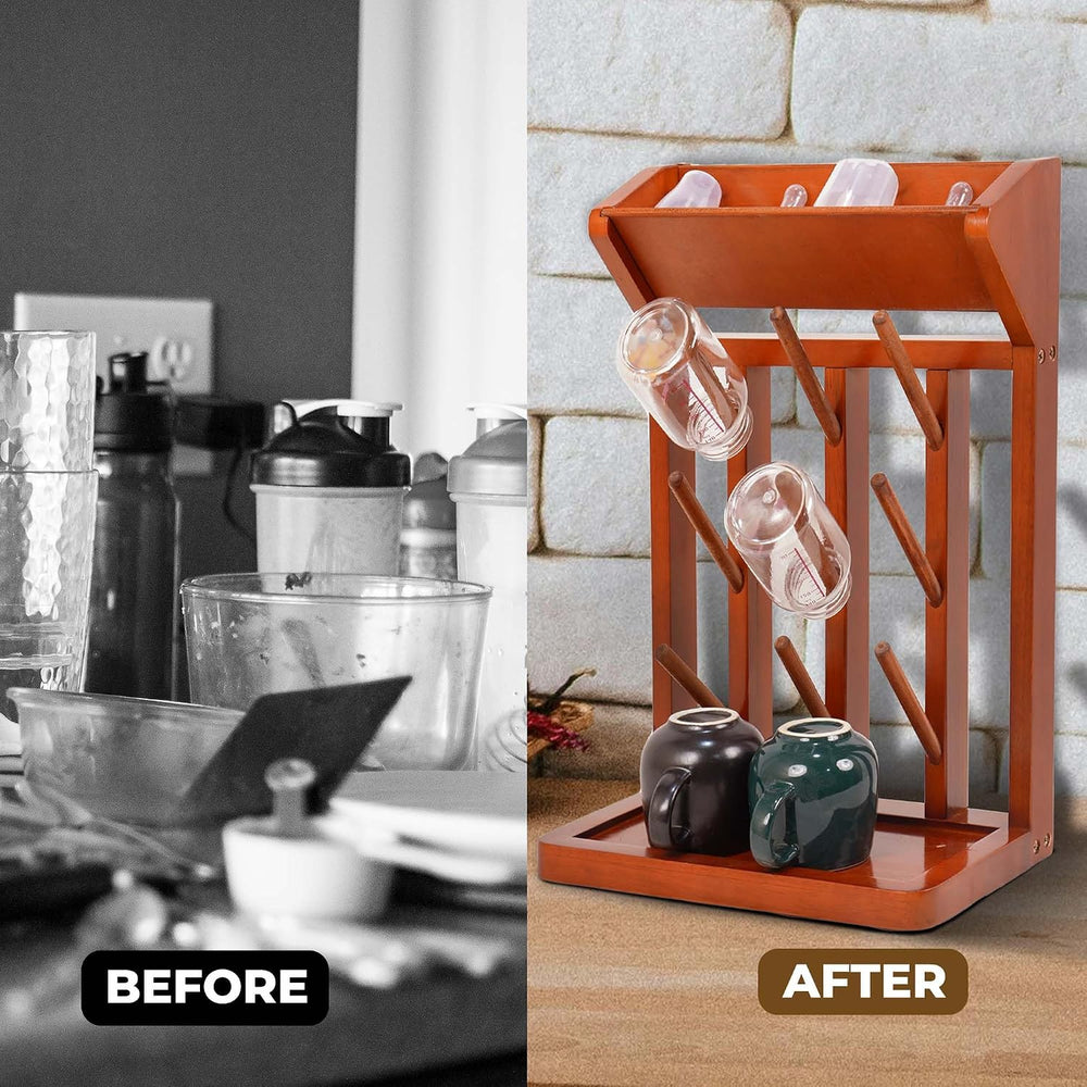 Brown Vertical Bottle Drying Rack Rubber Wood 9 Hooks, Use for Bottles, Cups,...
