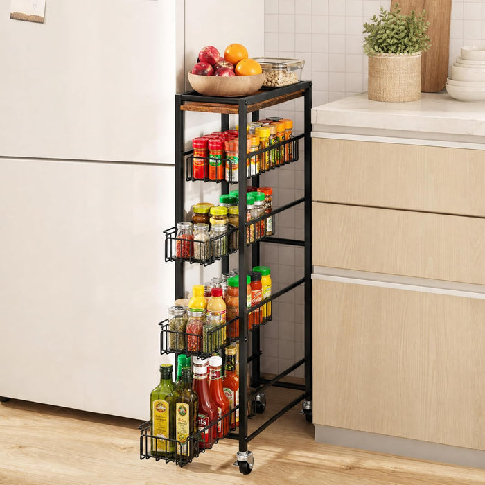 5-Tier Slim Rolling Cart Kitchen Utility Cart, Narrow Kitchen Cabinet with 4 Pull-Out Baskets - Versatile Rolling Storage Cart for Spices, Pantry & Bathroom Organization